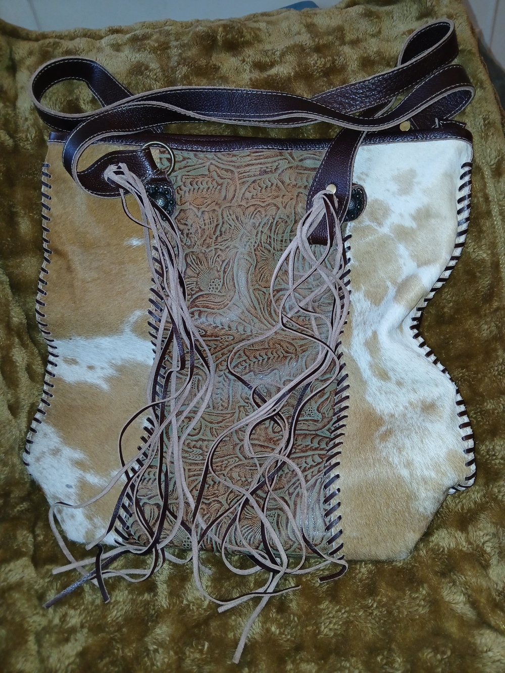 Myra Bag Brown & White Fringed Cowhide Shoulder Bag with Tooled Leather Panel